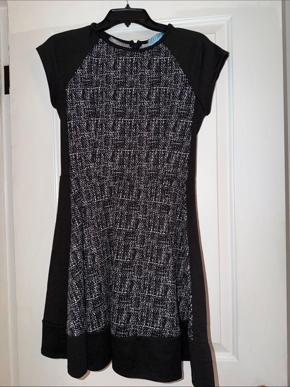 dina be Black and White Tweed-Front A-Line Dress